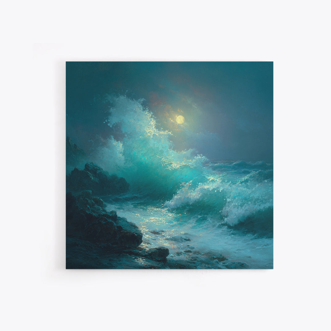 Moonlit Turquoise Wave Seascape Wall Art, Ocean Canvas Print, Coastal Bathroom Decor, Nautical Living Room Art Gift For Beach House
