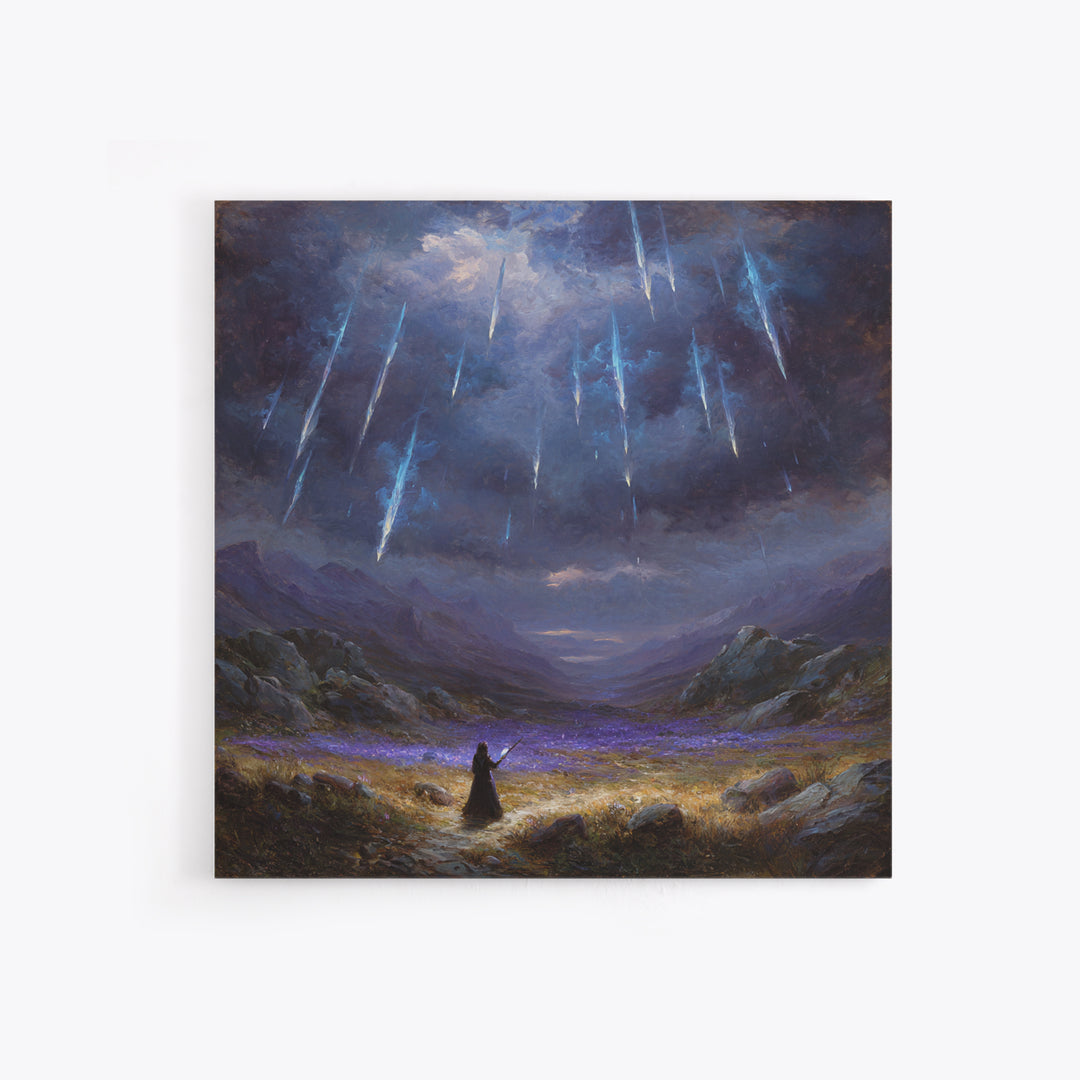 Icy Meteor Valley Wizard Wall Art, Dark Fantasy Framed Canvas Print, Mountain Landscape Decor, Gothic Office Art Gift For Him