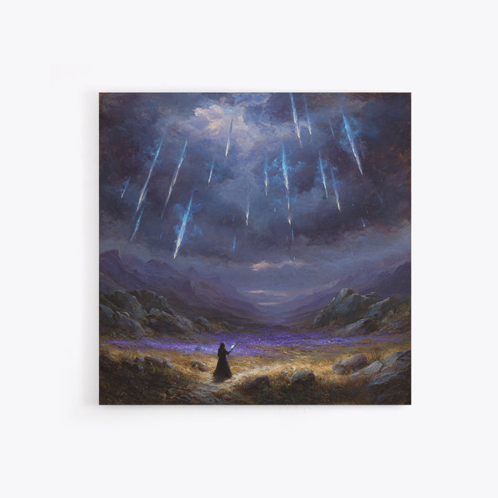 Icy Meteor Valley Wizard Wall Art, Dark Fantasy Framed Canvas Print, Mountain Landscape Decor, Gothic Office Art Gift For Him
