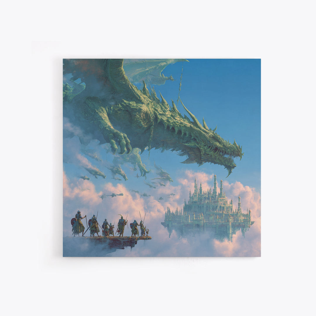 Giant Dragon Over Sky Castle Wall Art, Epic Fantasy Canvas Print, Floating Kingdom Decor, Gaming Room Statement Artwork Gift