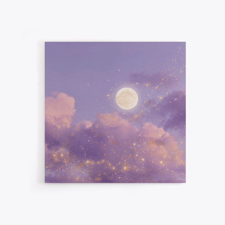 Full Moon With Golden Constellations Wall Art, Celestial Canvas Print, Purple Cloud Decor, Mystical Bedroom Gift For Her
