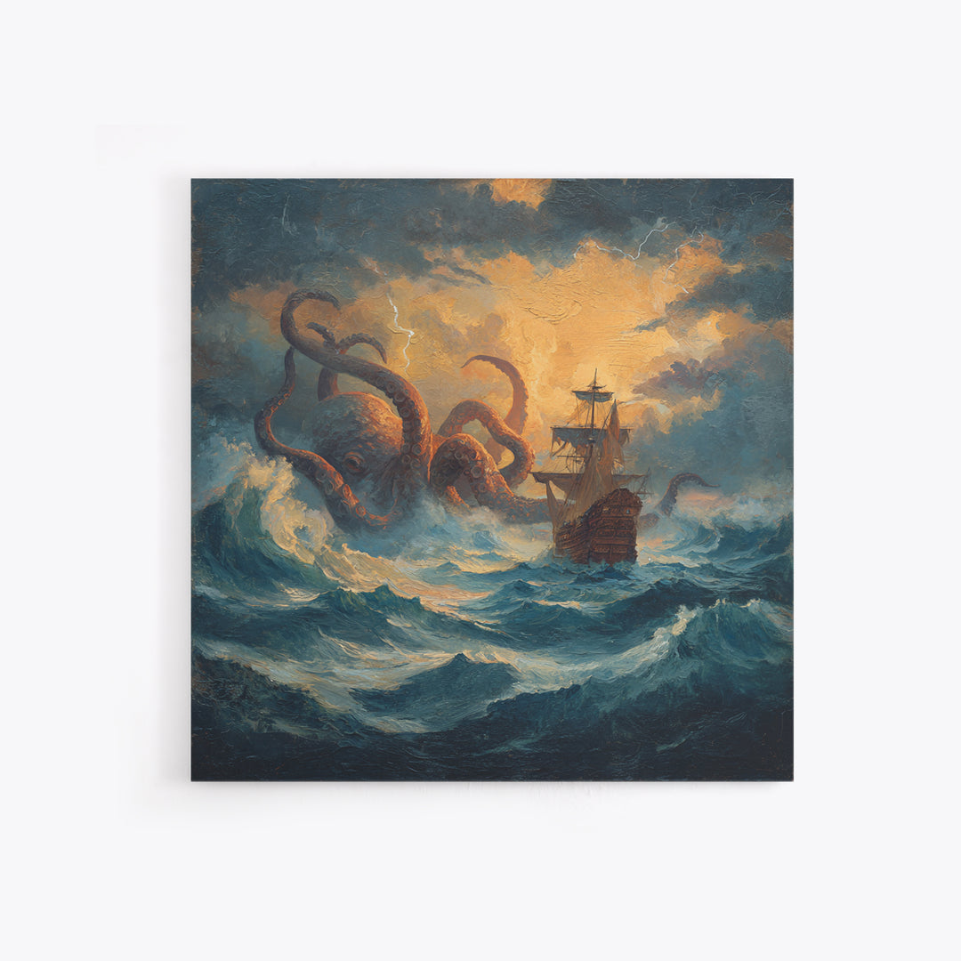 Storm Kraken And Tall Ship In Tempest Seas Canvas Print, Nautical Fantasy Wall Art, Ocean Monster Decor, Gift For Him, Coastal Home Decor