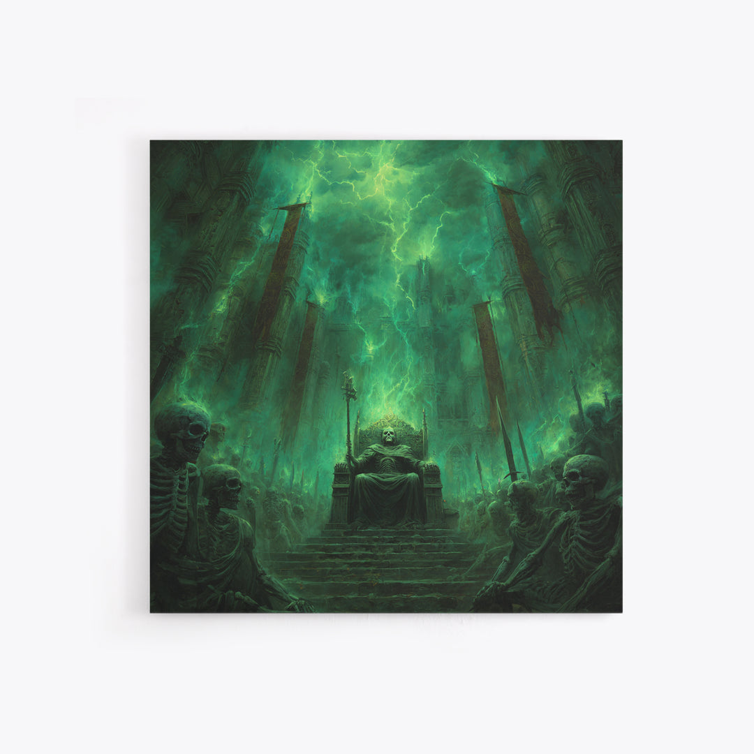 Emerald Necromancer Throne With Skeleton Army Framed Canvas Print, Gothic Wall Art, Dark Fantasy Decor, Occult Office Art