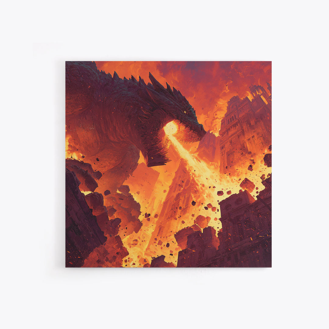 Fire Breathing Dragon Over Ruined City Canvas Print, Epic Fantasy Wall Art, Dystopian Decor, Gaming Room Statement Art, Gift For Him