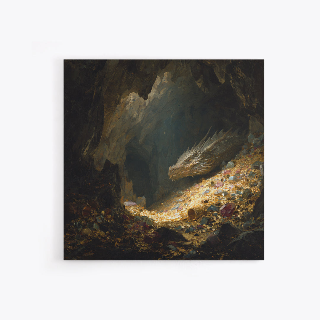 Sleeping Dragon On Glittering Treasure Hoard Canvas Print, Fantasy Wall Art, Cave Decor, Mythical Creature Gift For Him, Unique Home Decor