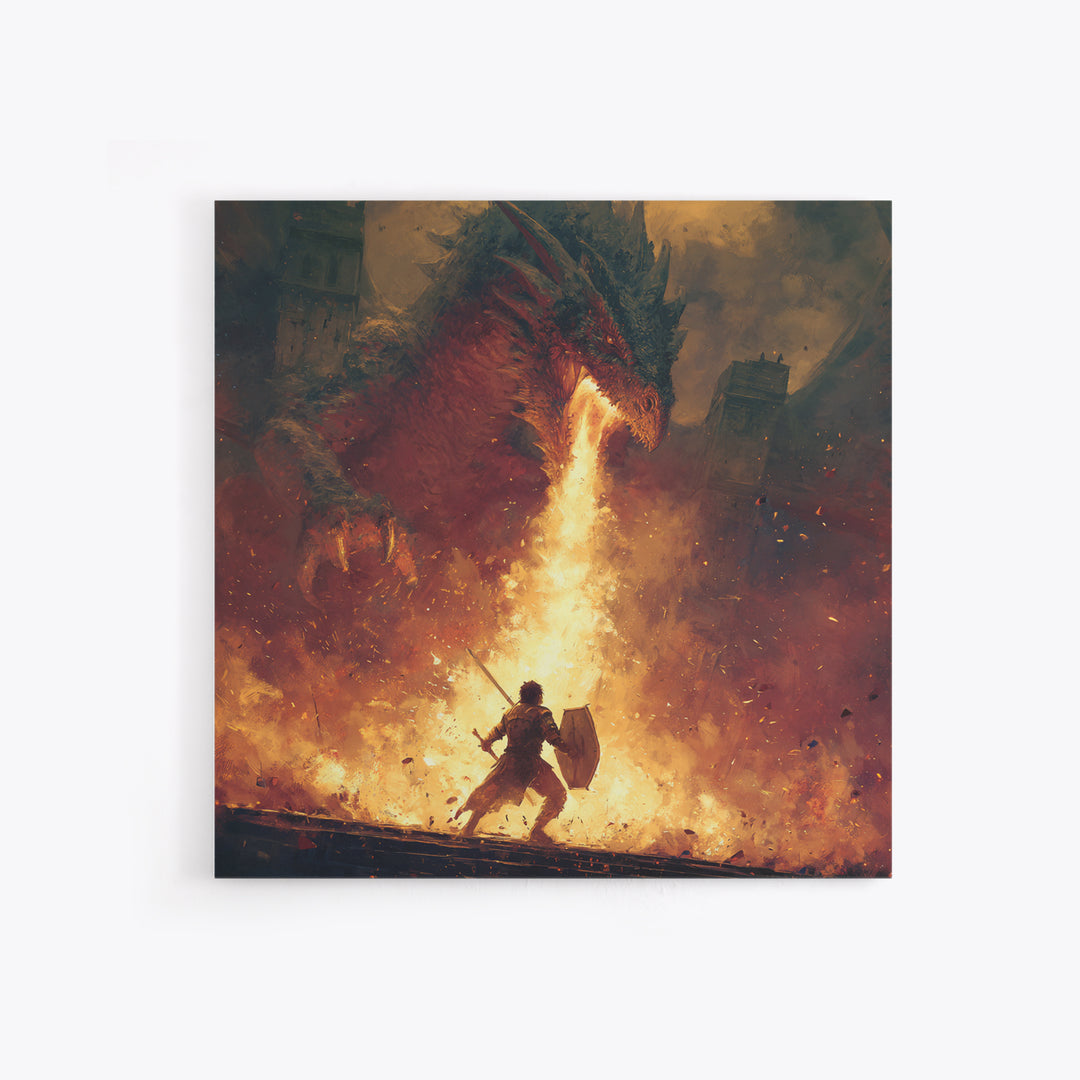 Warrior Facing Fire Breathing Dragon Framed Canvas Print, Epic Fantasy Wall Art, Hero Battle Decor, Gaming Room Gift For Him, Large Art
