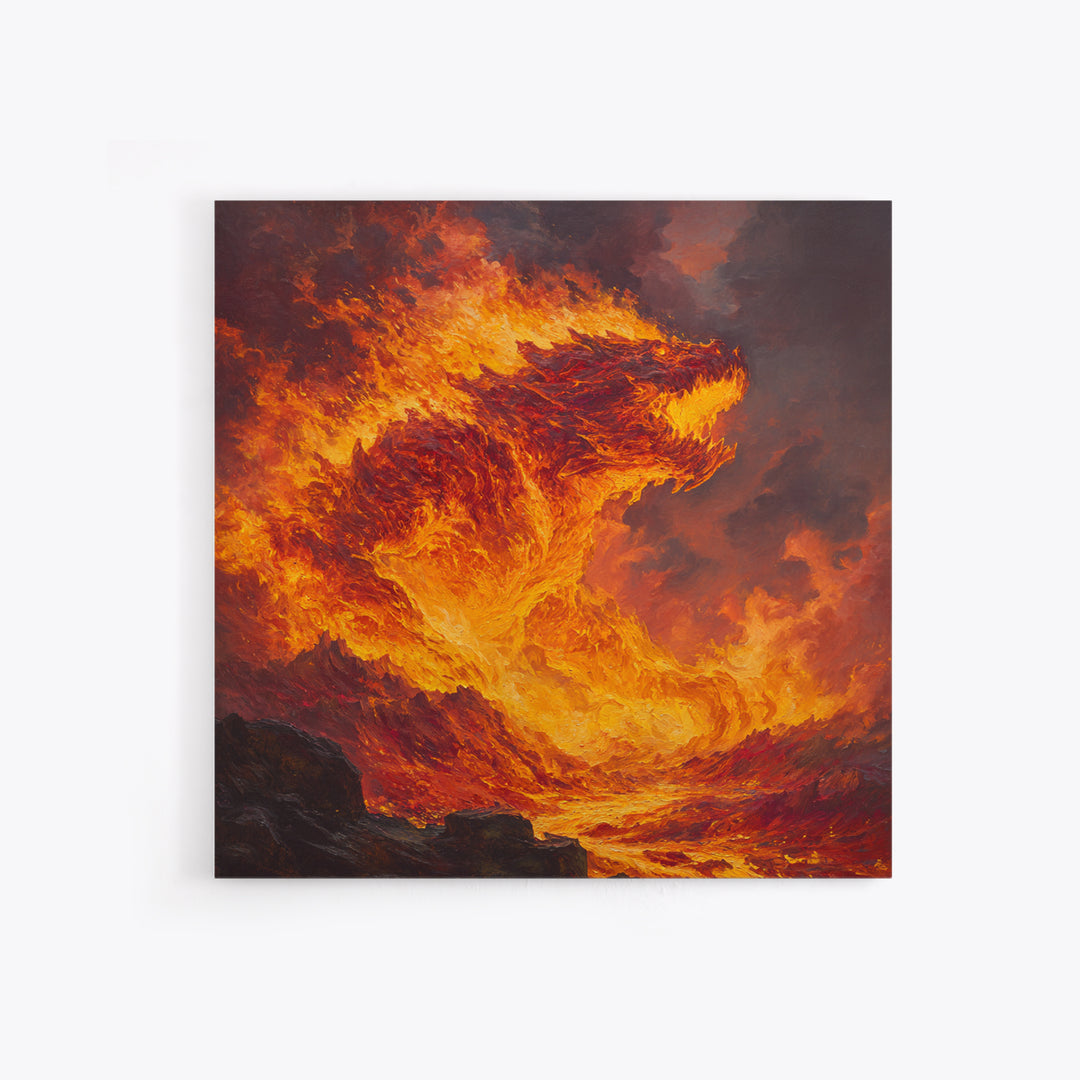 Blazing Fire Dragon Rising From Lava Canvas Print, Fantasy Wall Art, Orange Statement Artwork, Dark Fantasy Home Decor, Gift For Him