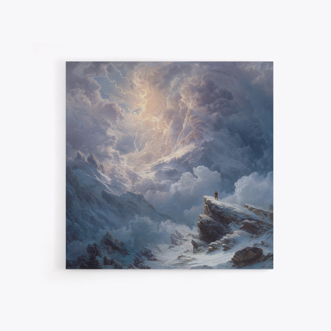 Lone Explorer On Snowy Mountain Storm Canvas Print, Winter Landscape Wall Art, Moody Nature Decor, Adventure Gift For Him