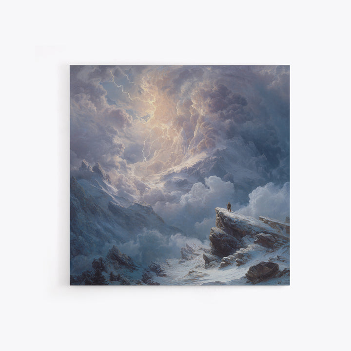 Lone Explorer On Snowy Mountain Storm Canvas Print, Winter Landscape Wall Art, Moody Nature Decor, Adventure Gift For Him