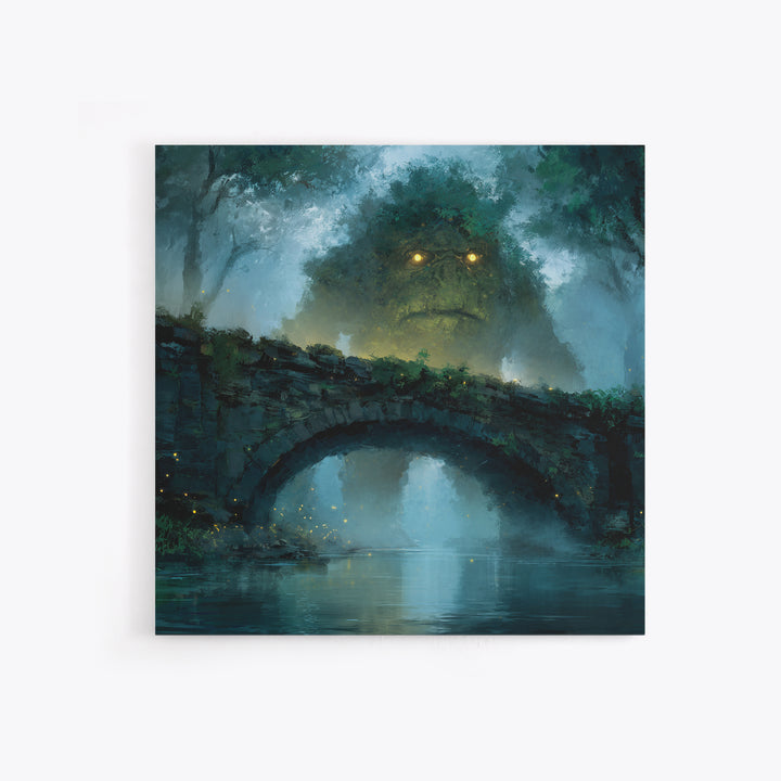 Mossy Forest Giant Above Stone Bridge Framed Canvas Print, Whimsical Fantasy Wall Art, Nature Decor, Cozy Gift For Her, Woodland Home Decor