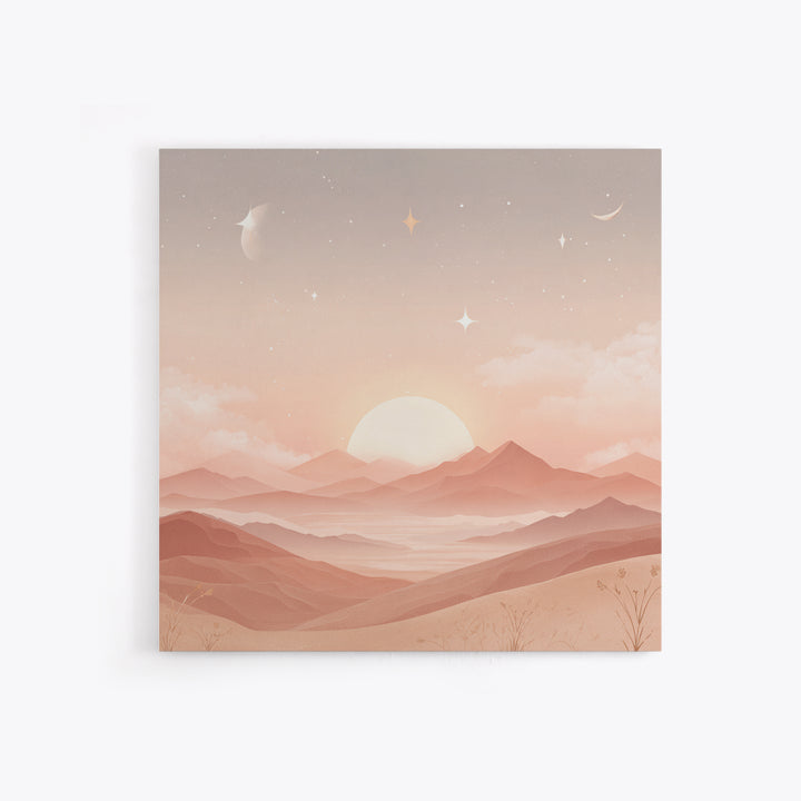 Peach Sunrise Mountains With Moon And Stars Wall Art, Minimalist Landscape Print, Celestial Nursery Decor, Above Bed Art