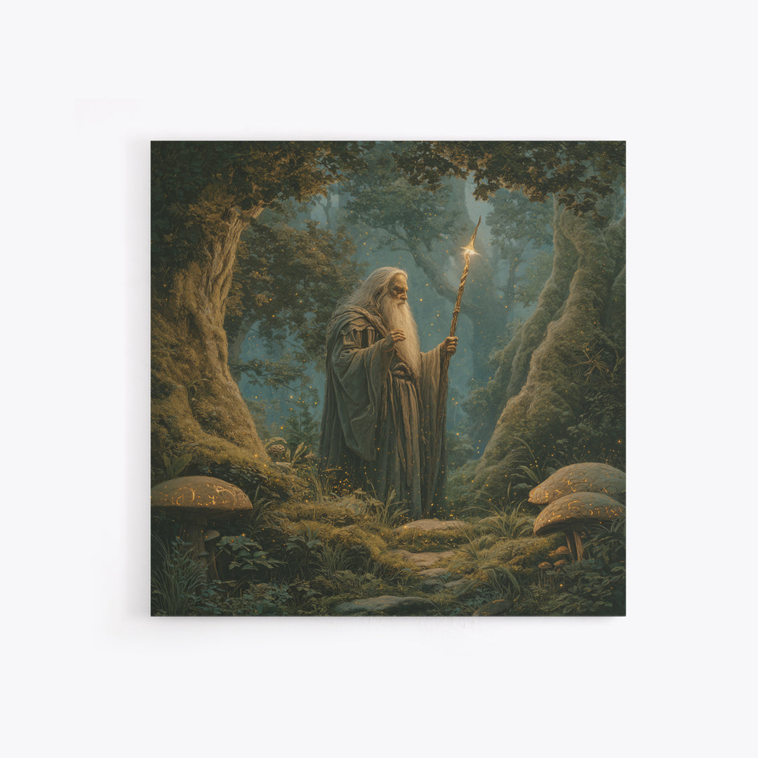 Ancient Wizard With Glowing Staff Framed Canvas Print, Fantasy Wall Art, Enchanted Forest Home Decor, Dark Academia Gift