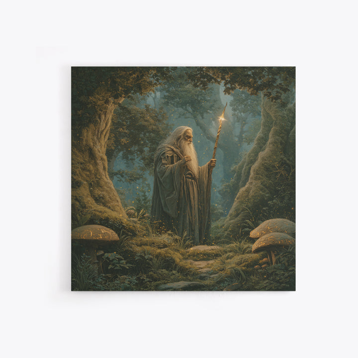 Ancient Wizard With Glowing Staff Framed Canvas Print, Fantasy Wall Art, Enchanted Forest Home Decor, Dark Academia Gift