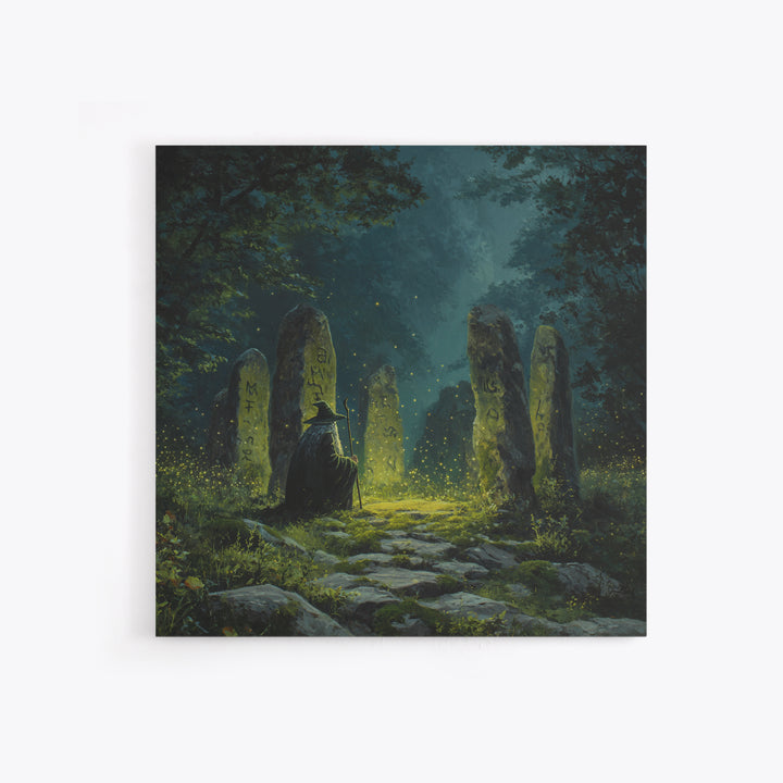 Dark Witch At Ancient Rune Stones Wall Art, Gothic Fantasy Canvas Print, Mystical Forest Decor, Dark Academia Poster Gift