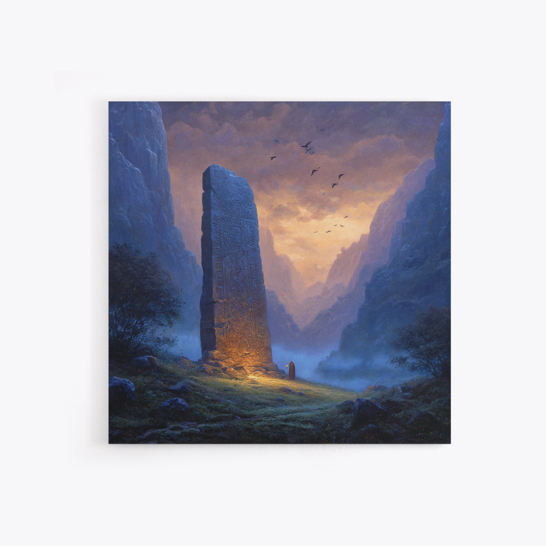 Carved Rune Monolith In Misty Mountain Valley Wall Art, Fantasy Landscape Canvas Print, Mystical Ancient Stone Home Decor
