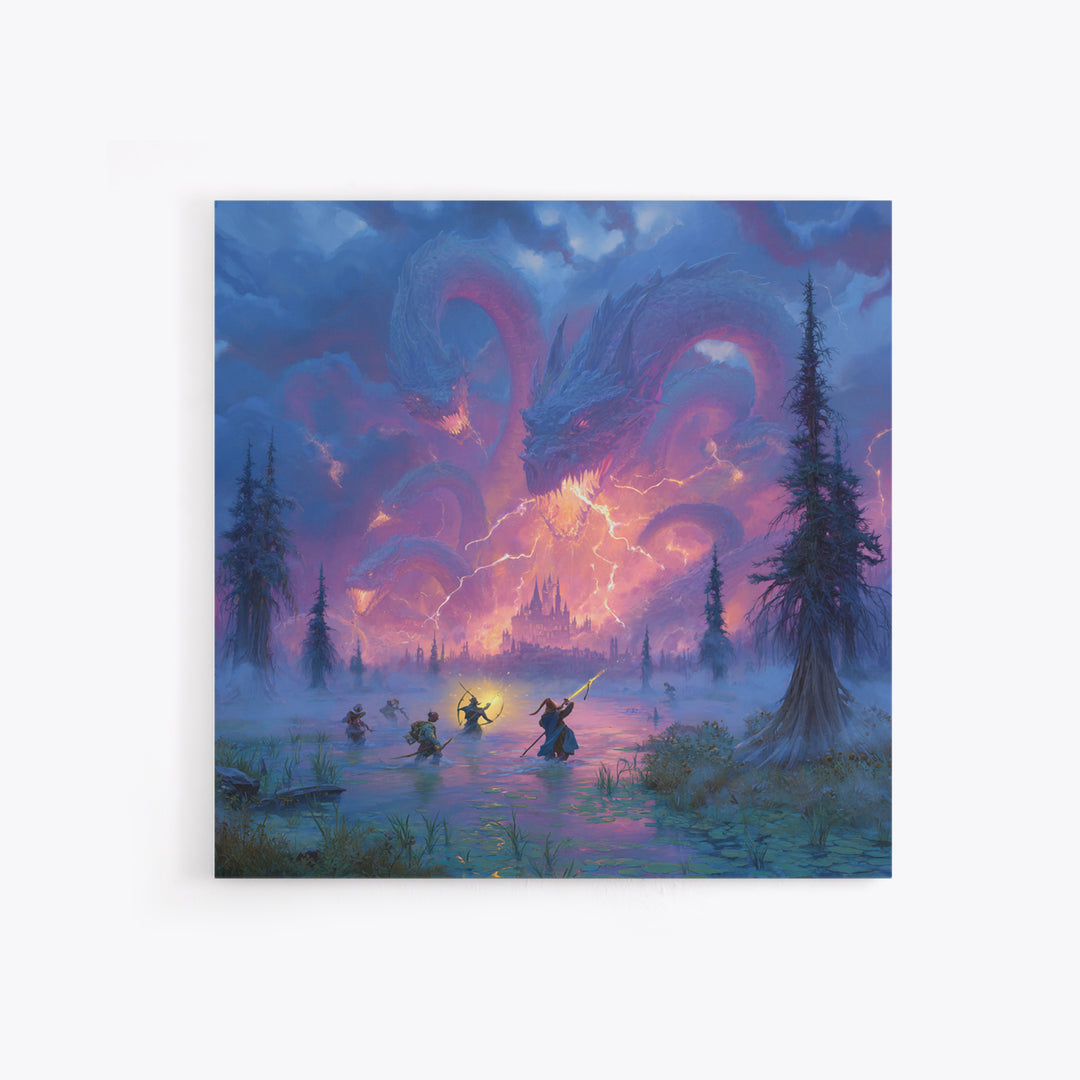 Epic Blue Dragon Battle Over Misty Castle Canvas Print, Fantasy Wall Art, Dungeons And Dragons Decor, Gamer Room Decor Gift