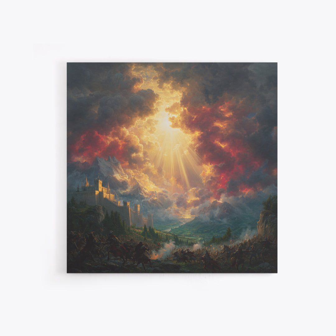 Heavenly Light Over Castle And Mountain Battlefield Wall Art, Epic Fantasy Canvas Print, Dramatic Landscape Home Decor Gift