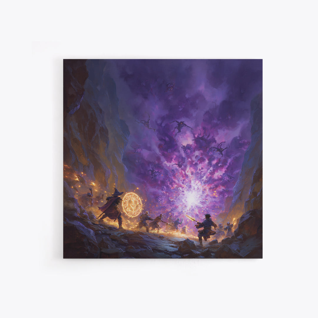 Wizard Party Fighting Purple Demon Portal Wall Art, Dark Fantasy Canvas Print, Dungeons And Dragons Game Room Decor Gift
