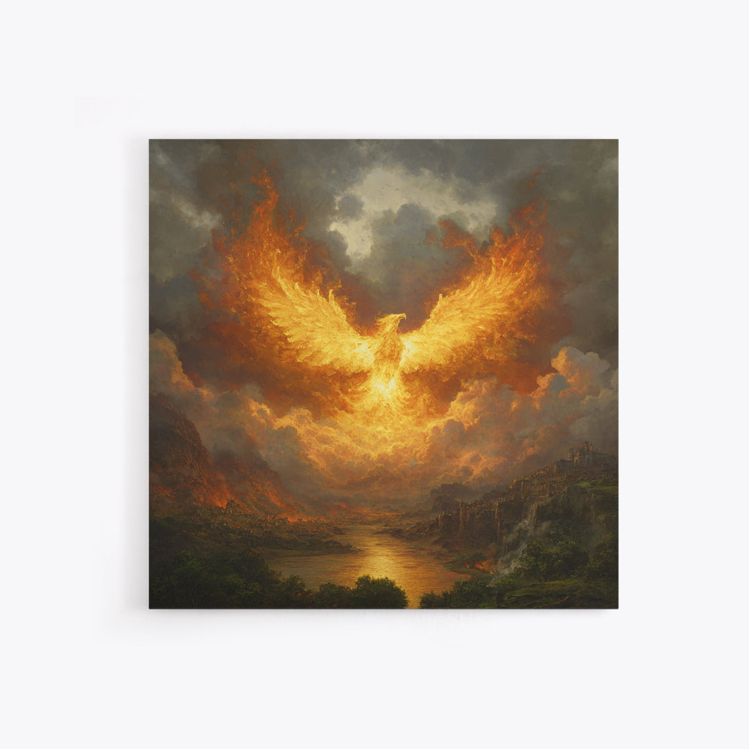 Fiery Phoenix Rising Above Stormy Valley Wall Art, Mythical Fantasy Canvas Print, Dramatic Firebird Epic Home Decor Gift