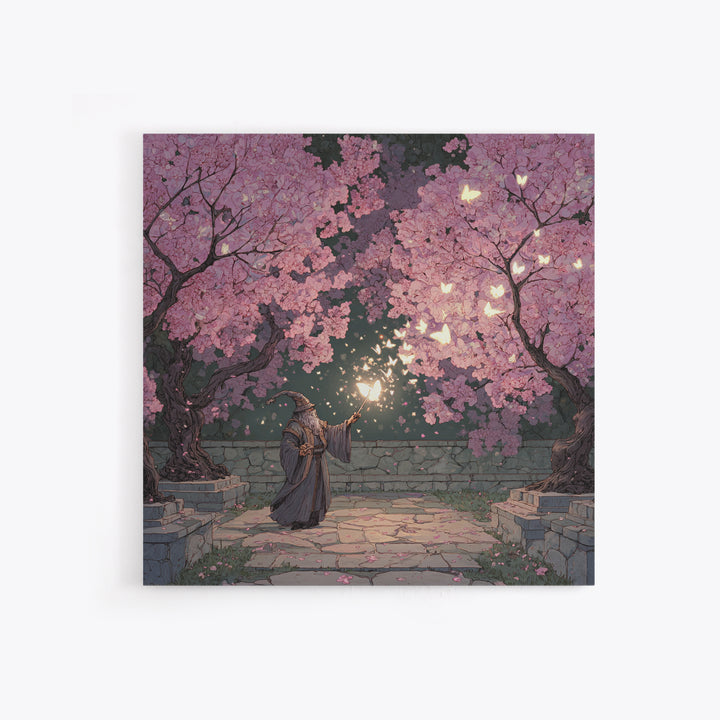 Wizard Casting Light Beneath Cherry Blossoms Canvas Print, Fantasy Wall Art, Pink Floral Magical Garden Home Decor, Unique Gift
