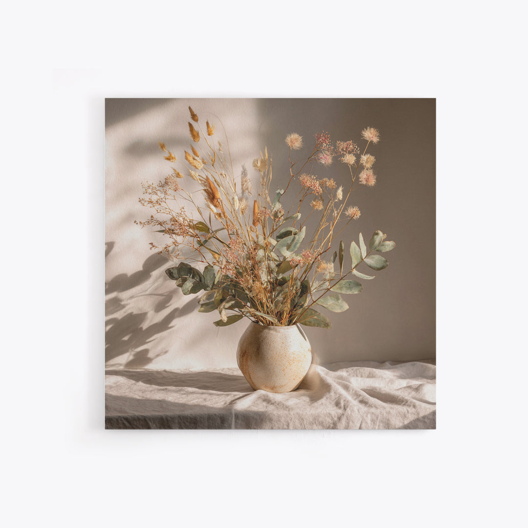 Sunlit Dried Eucalyptus Vase Wall Art, Neutral Botanical Canvas Print, Japandi Home Decor, Minimalist Bedroom Decor Gift For Her