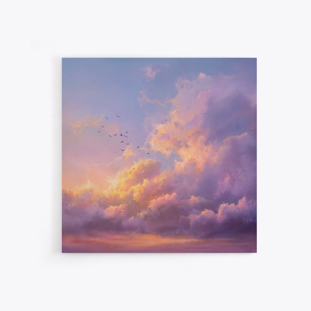 Pastel Sunset Clouds With Flying Birds Wall Art, Dreamy Sky Canvas Print For Living Room Decor And Serene Bedroom Decor Gift