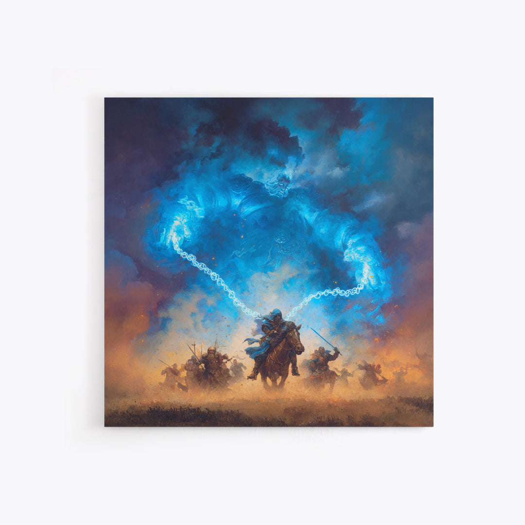 Blue Storm Giant Battle Wall Art, Epic Fantasy Canvas Print, Dark Wizard Decor, Medieval Warrior Gift, Moody Game Room Art
