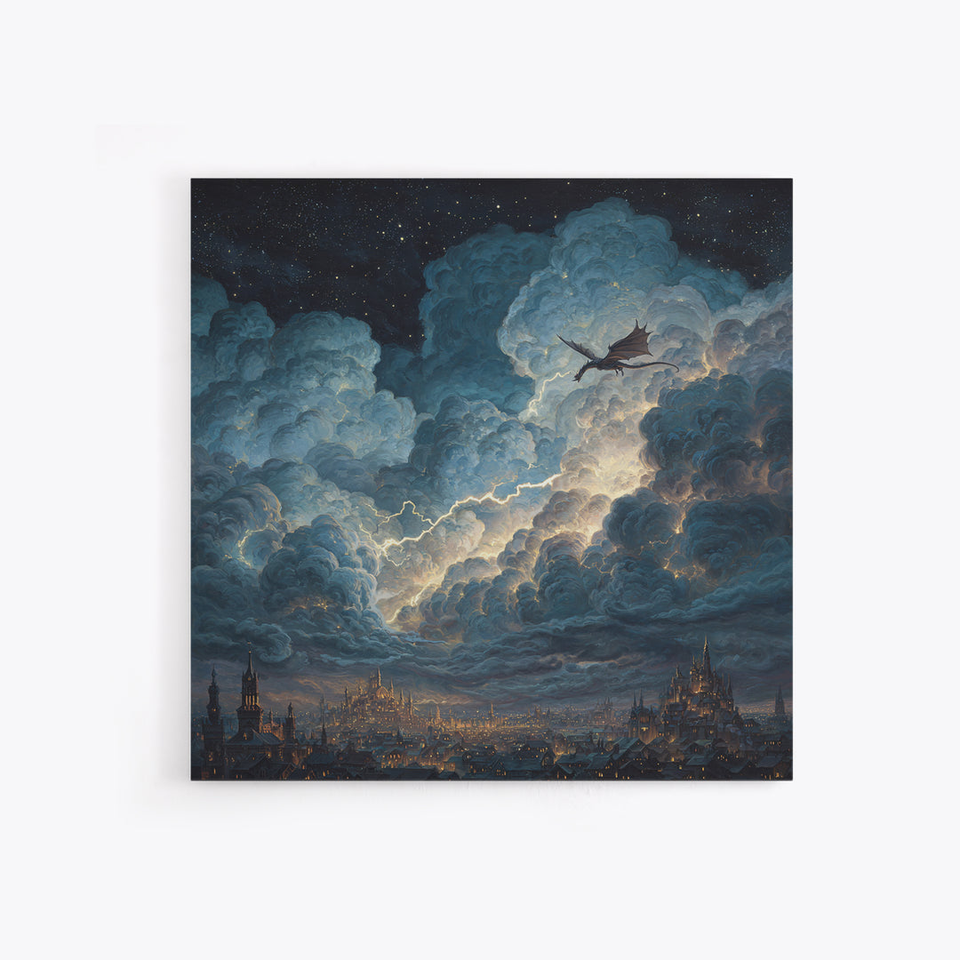 Night Dragon Storm Cloud Wall Art, Fantasy City Canvas Print, Gothic Castle Decor, Moody Sky Art, Gift For Dragon Lovers