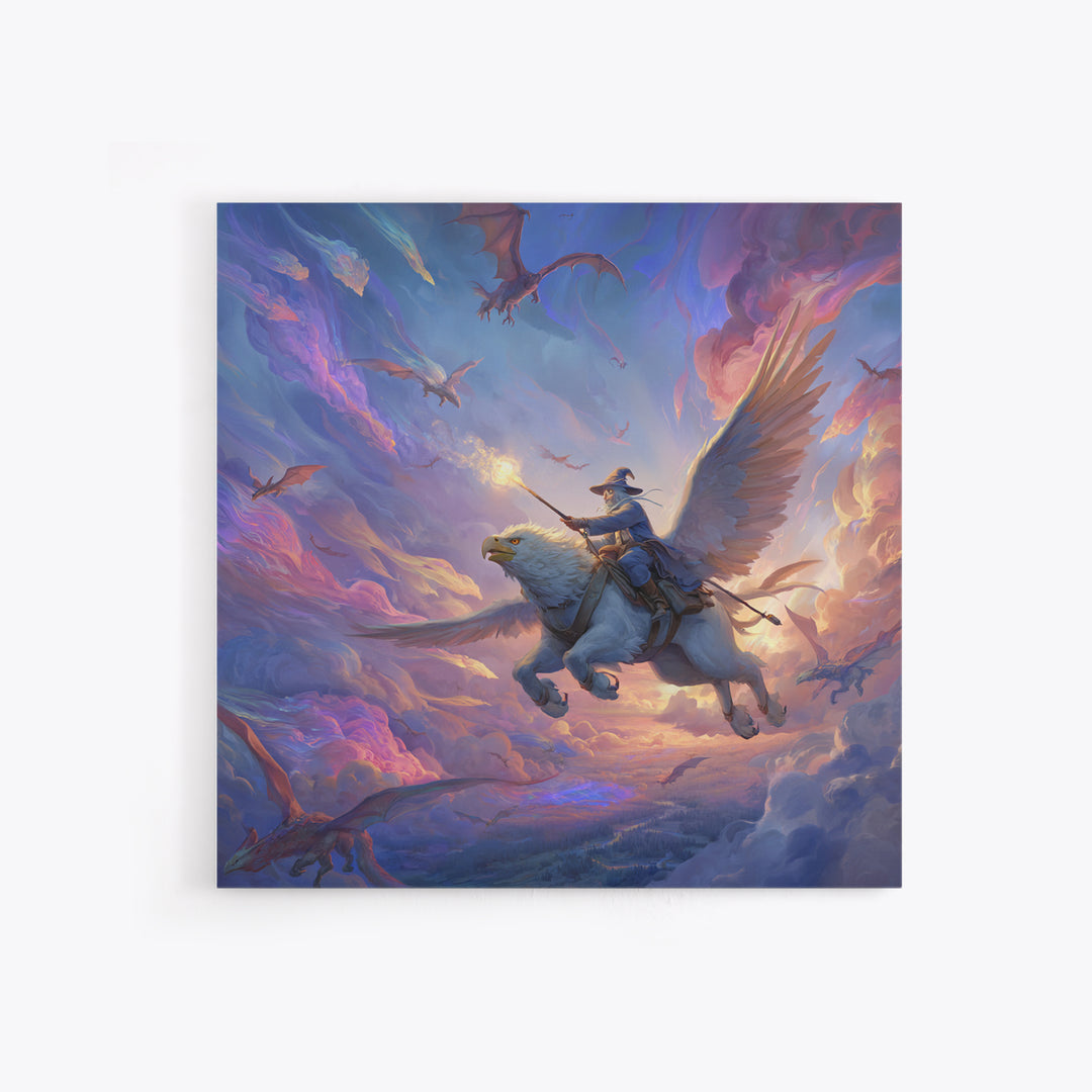 Griffin Rider Sky Battle Wall Art, Whimsical Fantasy Canvas Print, Pastel Dragon Decor, Magical Nursery Or Game Room Art