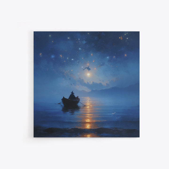 Moonlit Wizard Boat Wall Art, Blue Fantasy Seascape Canvas Print, Celestial Ocean Decor, Dreamy Bedroom Or Office Art Gift