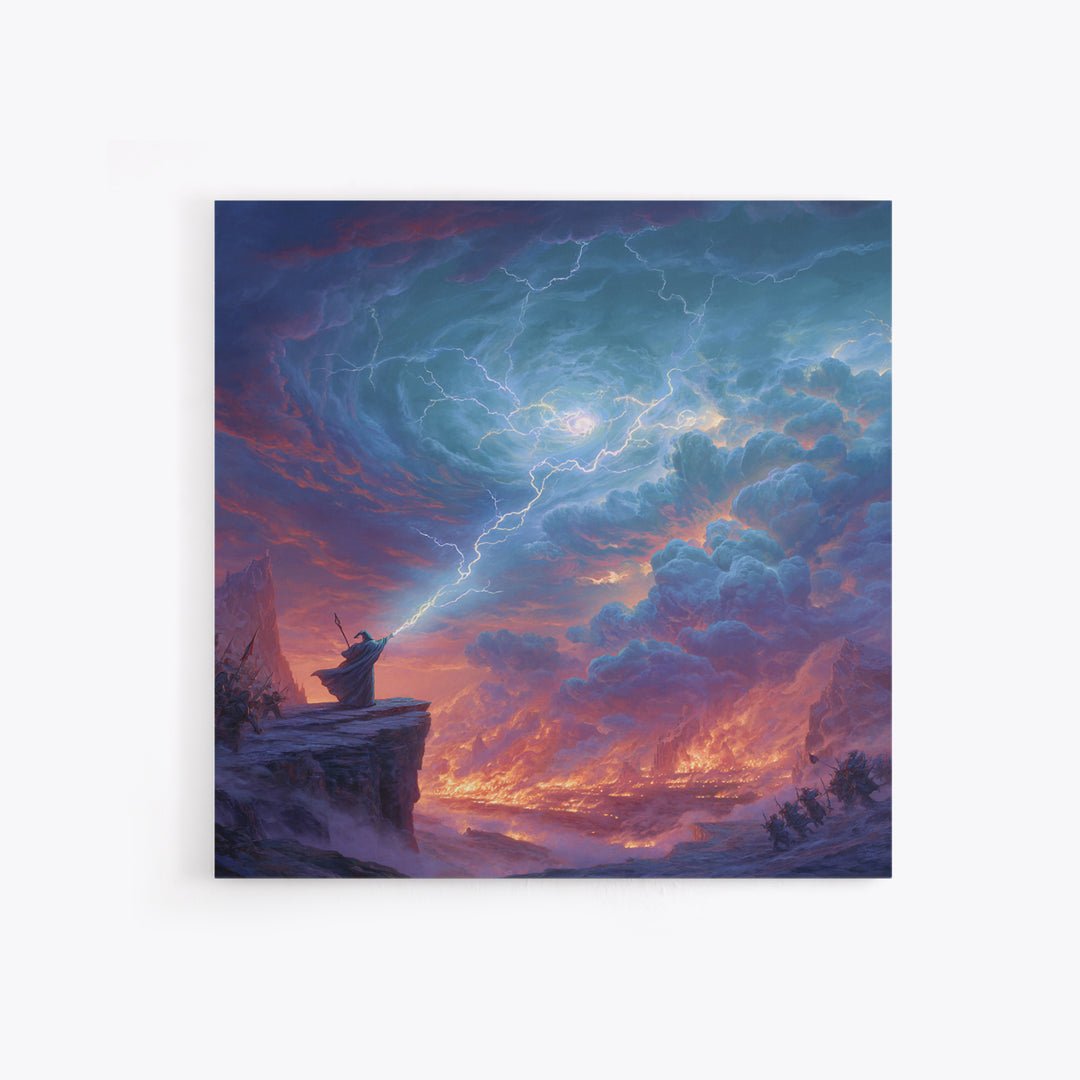 Lightning Wizard Cliff Wall Art, Epic Fantasy Storm Canvas Print, Dramatic Mountain Decor, Dark Magic Gift For Game Room