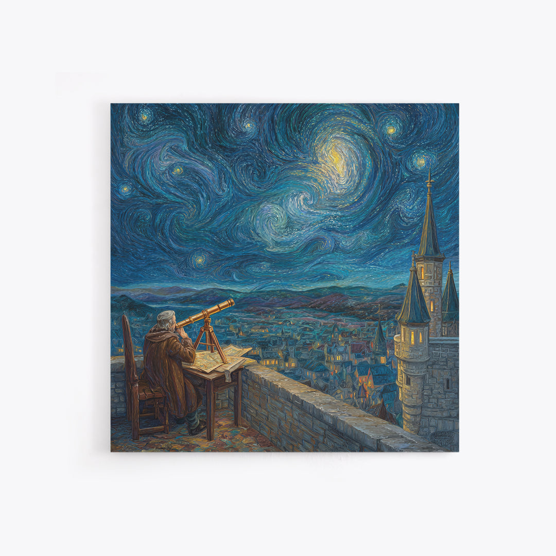 Starry Astronomer Tower Wall Art, Van Gogh Style Canvas Print, Celestial Medieval City Decor, Astronomy Gift For Office Decor