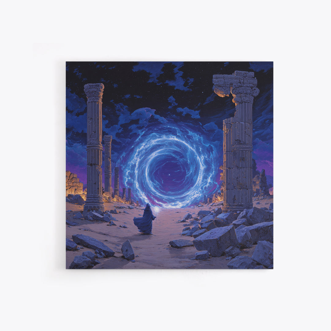 Ancient Ruins Magic Portal Wall Art, Blue Fantasy Canvas Print, Mystical Wizard Decor, Surreal Game Room Or Home Office Gift