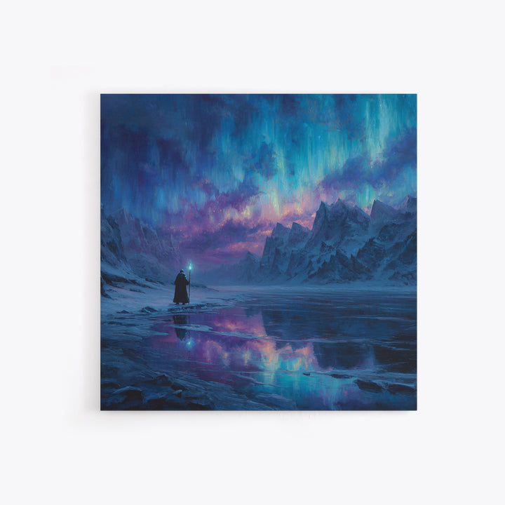 Aurora Mountain Wizard Wall Art, Frozen Fantasy Landscape Canvas Print, Northern Lights Decor, Moody Bedroom Or Office Gift
