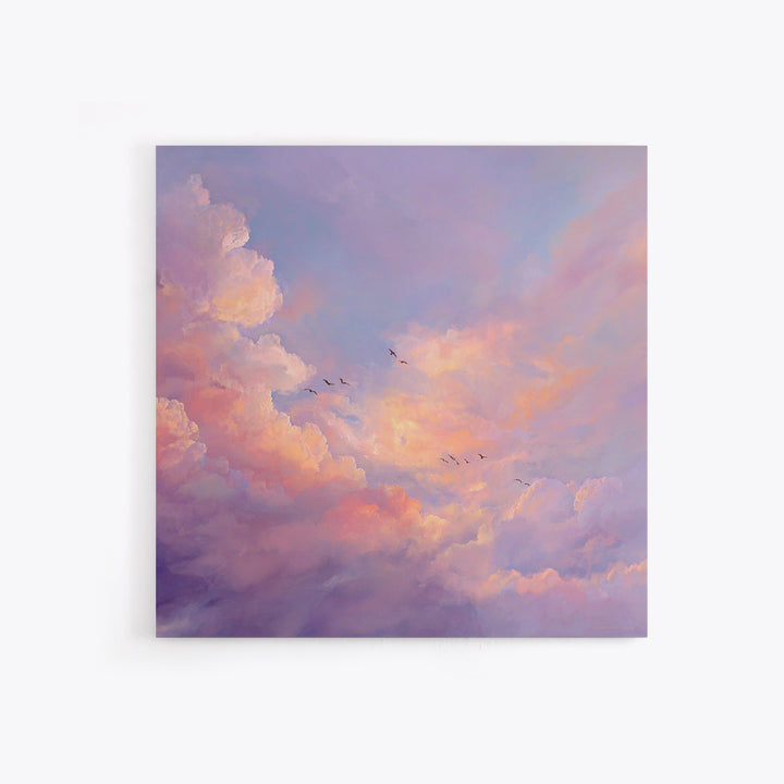 Blush Pink Cloudscape With Birds Framed Canvas Print, Pastel Sky Wall Art For Nursery Decor And Calming Bedroom Decor Gift