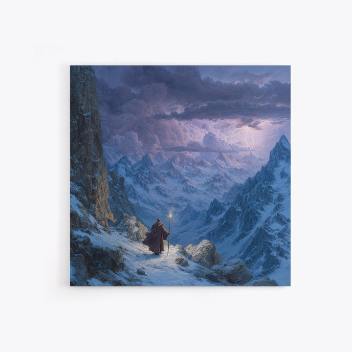 Wizard On Stormy Mountain Pass Wall Art, Fantasy Landscape Painting, Moody Alpine Adventure Decor, Large Living Room Art