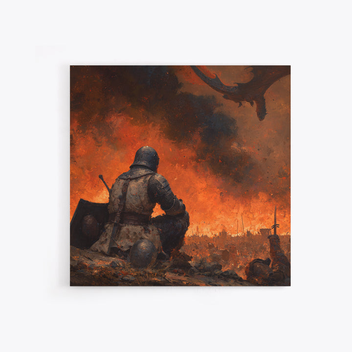 Kneeling Knight Before Dragon Canvas Print, Dark Fantasy Battle Painting, Medieval Warrior Wall Decor, Gothic Adventure Gift For Him