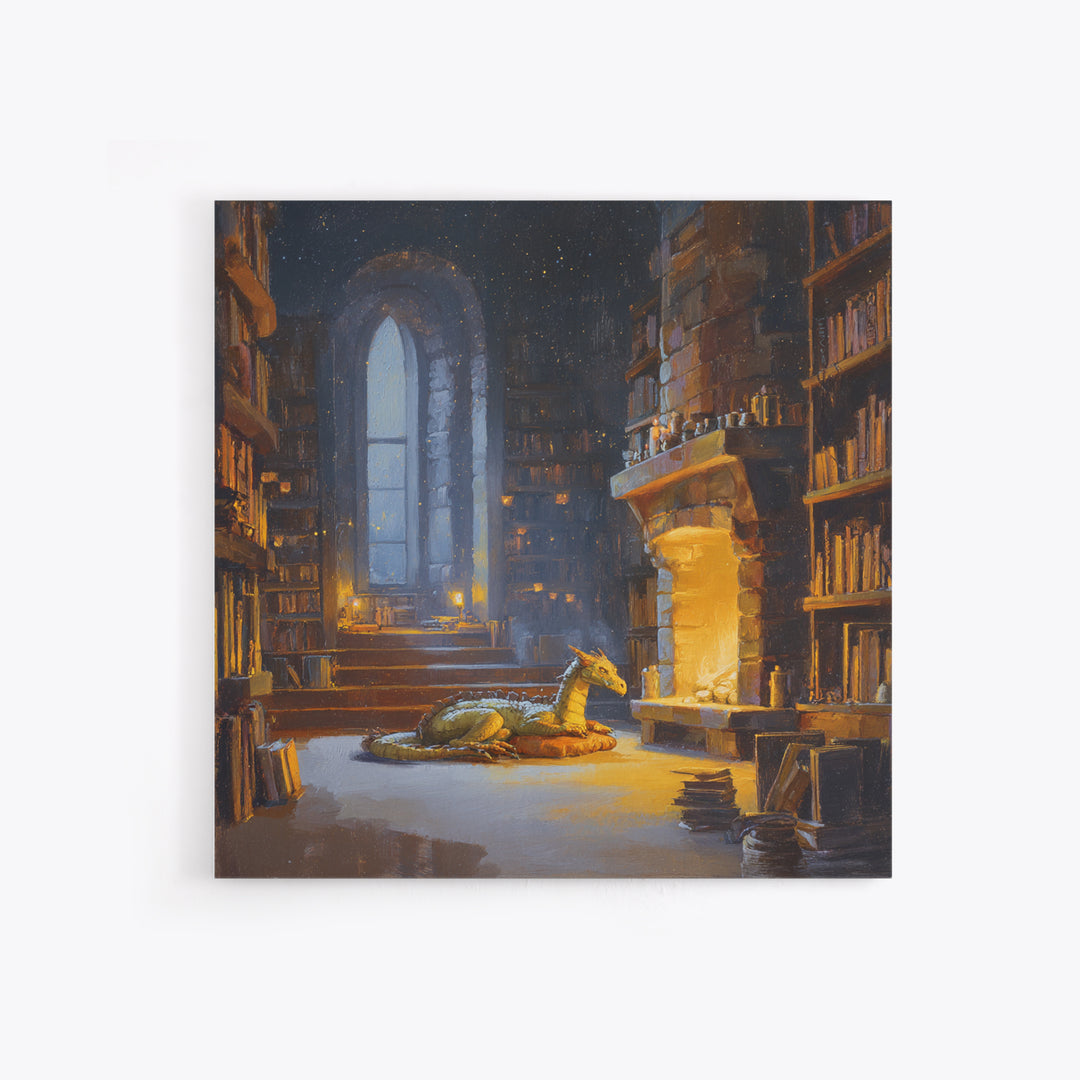 Sleeping Dragon In Magical Library Framed Canvas Print, Fantasy Bookish Wall Art, Cozy Reading Nook Decor Gift For Readers