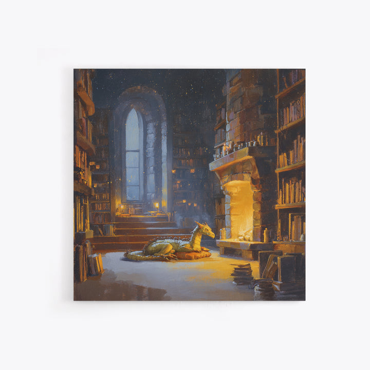 Sleeping Dragon In Magical Library Framed Canvas Print, Fantasy Bookish Wall Art, Cozy Reading Nook Decor Gift For Readers