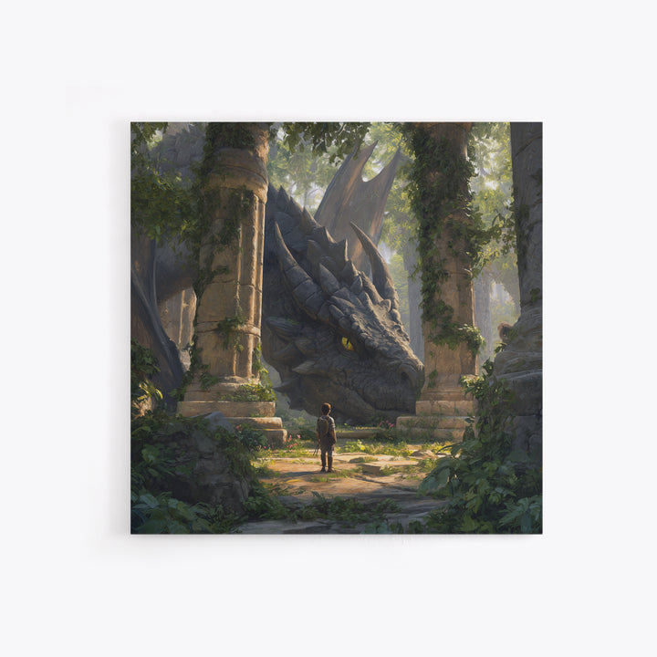 Giant Dragon In Overgrown Ruins Canvas Print, Fantasy Adventure Wall Art, Mythical Creature Decor, Kids Room Decor Gift Idea