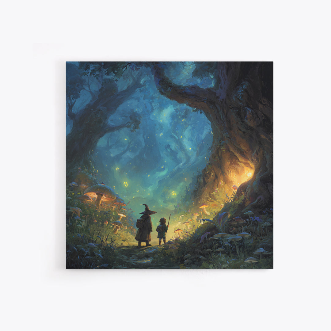 Wizard And Child In Enchanted Forest Wall Art, Whimsical Fantasy Painting, Mushroom Woodland Decor, Magical Kids Room Art