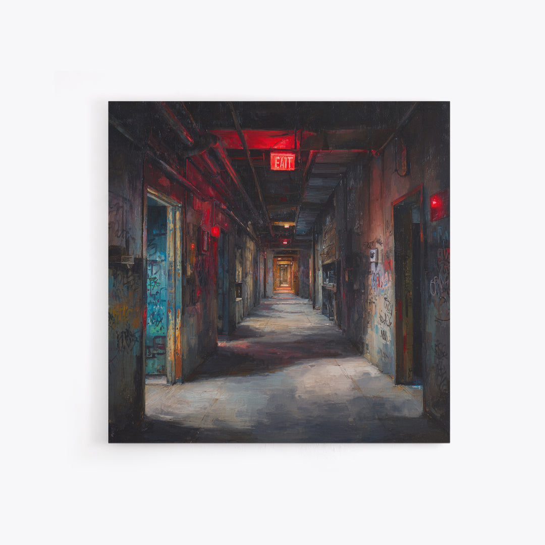 Dark Abandoned Corridor Wall Art, Moody Urban Exploration Painting, Industrial Gothic Decor, Graffiti Hallway Office Art