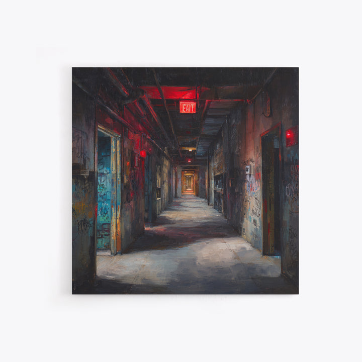 Dark Abandoned Corridor Wall Art, Moody Urban Exploration Painting, Industrial Gothic Decor, Graffiti Hallway Office Art