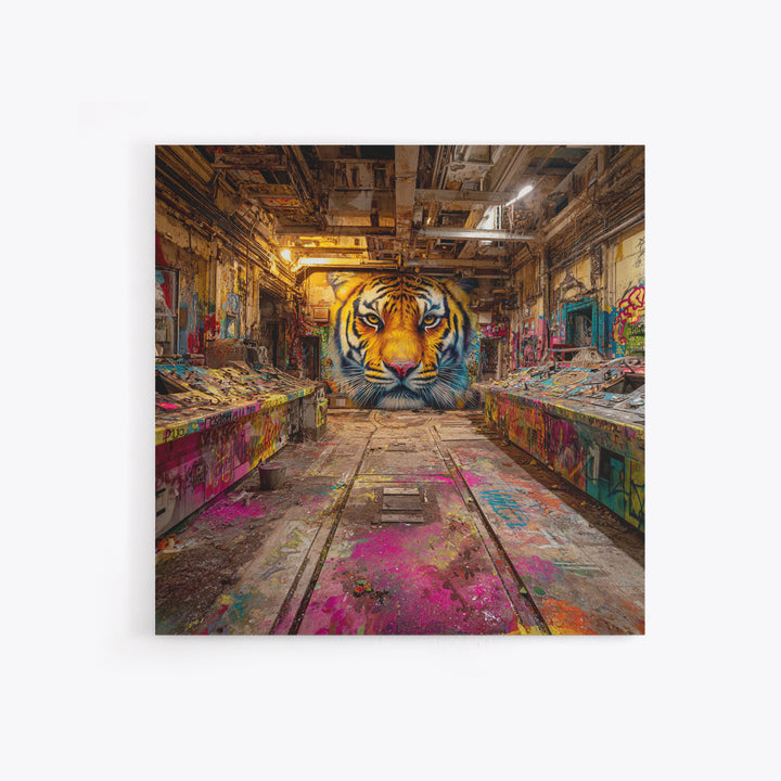 Tiger Graffiti Mural In Abandoned Factory Canvas Print, Urban Street Art, Wildlife Wall Art, Bold Industrial Loft Decor Gift