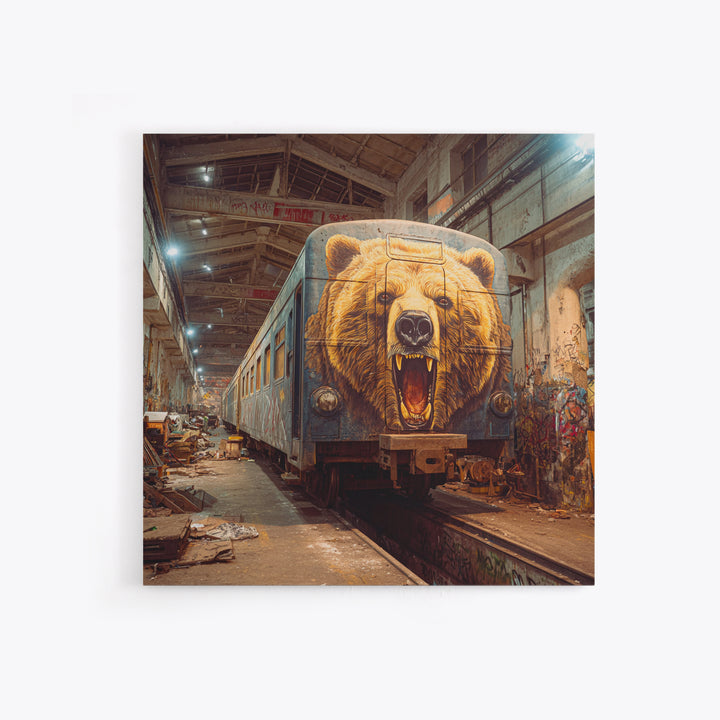 Roaring Bear Train Mural Canvas Print, Urban Graffiti Wall Art, Industrial Decor, Wildlife Art, Statement Artwork, Man Cave Decor