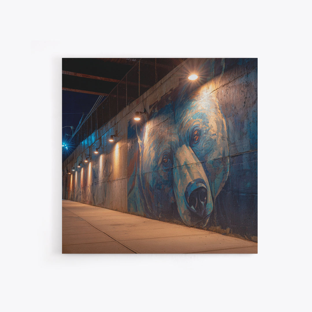 Blue Bear Street Mural Canvas Print, Urban Graffiti Wall Art, Moody City Decor, Wildlife Art, Modern Wall Decor, Night Photography