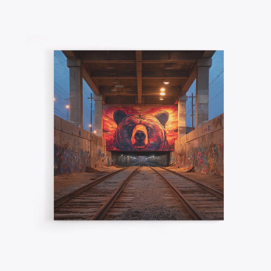 Sunset Bear Railroad Mural Framed Canvas Print, Urban Graffiti Wall Art, Industrial Decor, Wildlife Statement Art, Man Cave Decor