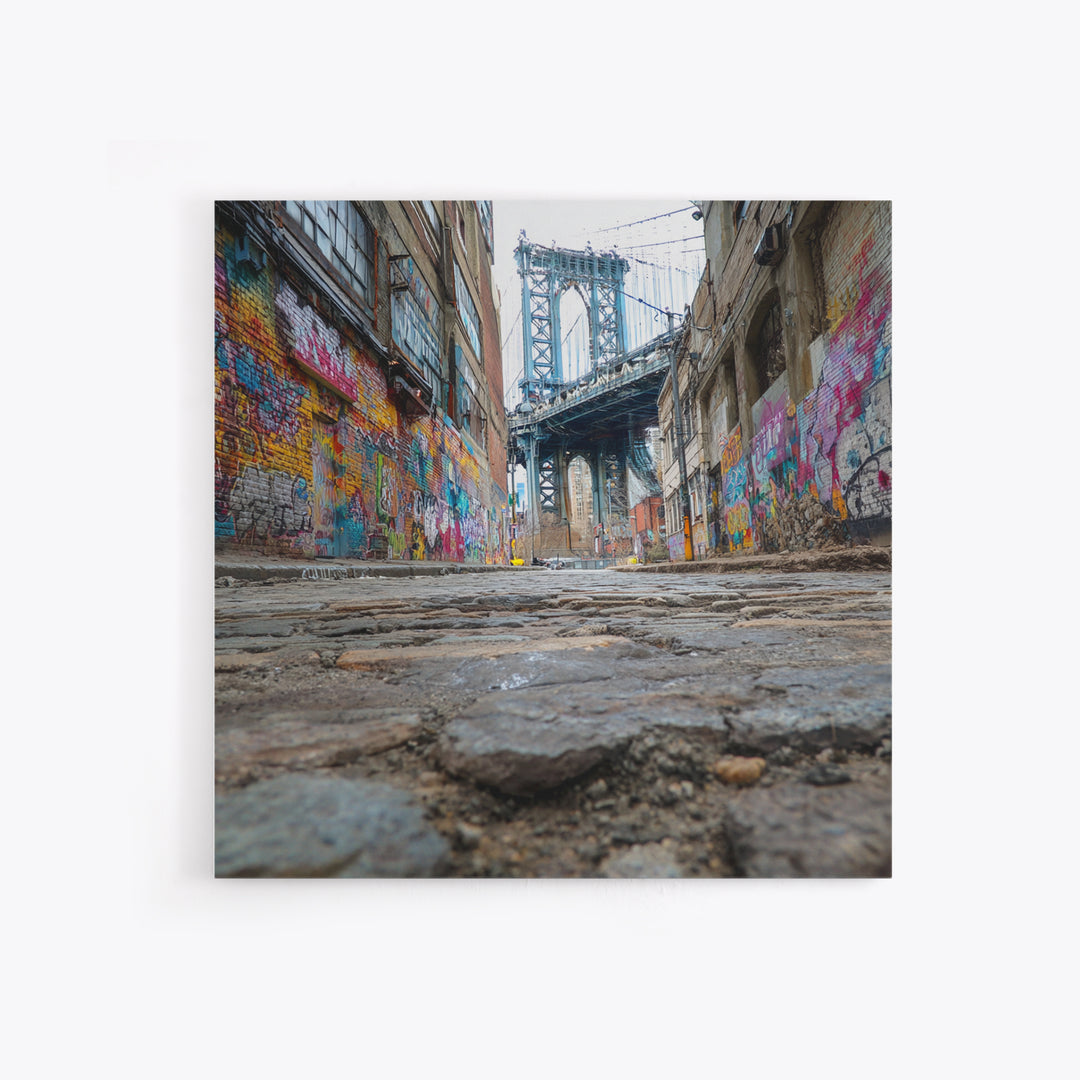 Cobblestone Alley And Bridge Wall Art, Urban Graffiti Photography Print, New York City Decor, Industrial Wall Decor, Travel Poster