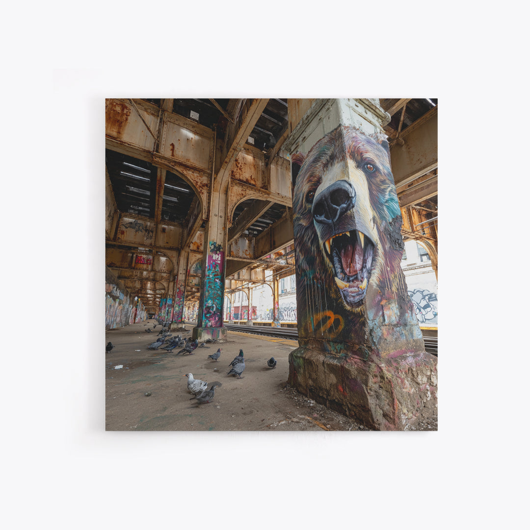Roaring Bear Pillar Mural Canvas Print, Urban Graffiti Wall Art, Industrial Decor, Wildlife Art, Bold Animal Decor, Man Cave Decor