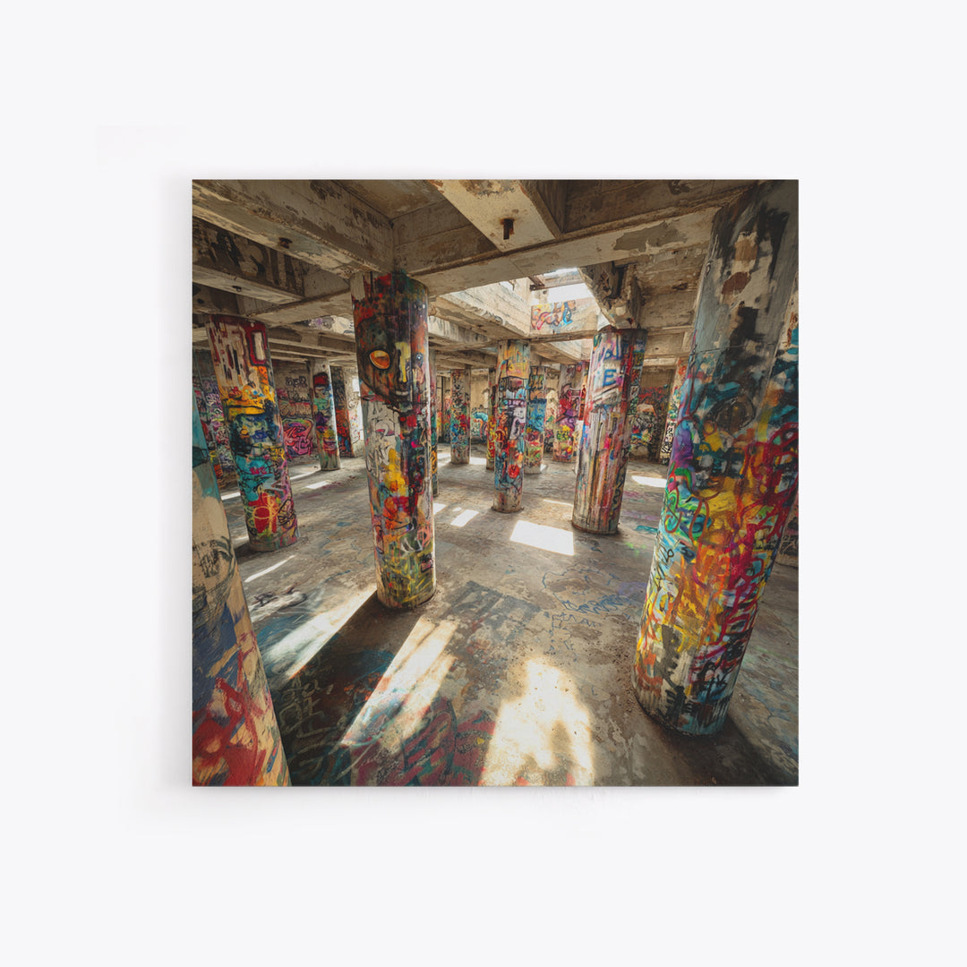 Graffiti Covered Concrete Pillars Canvas Print, Abandoned Warehouse Street Art, Industrial Loft Wall Decor, Urban Home Decor
